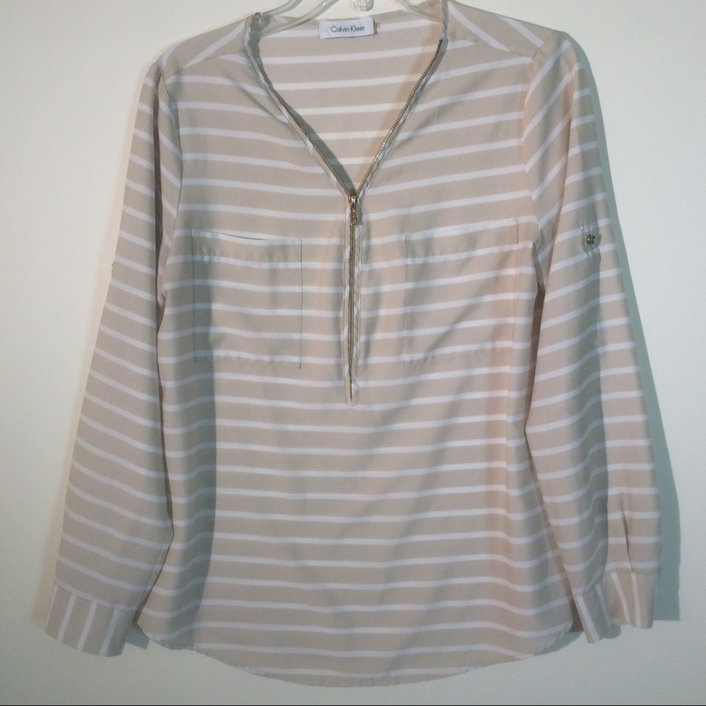Calvin Klein Beige Gold Zip Roll Tab Sleeve *PULLS